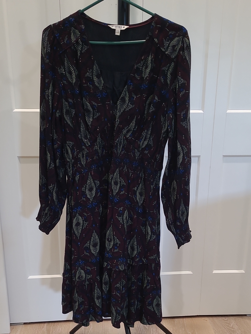 Fat Face Dark Plum Floral Long Sleeve V-Neck Dress